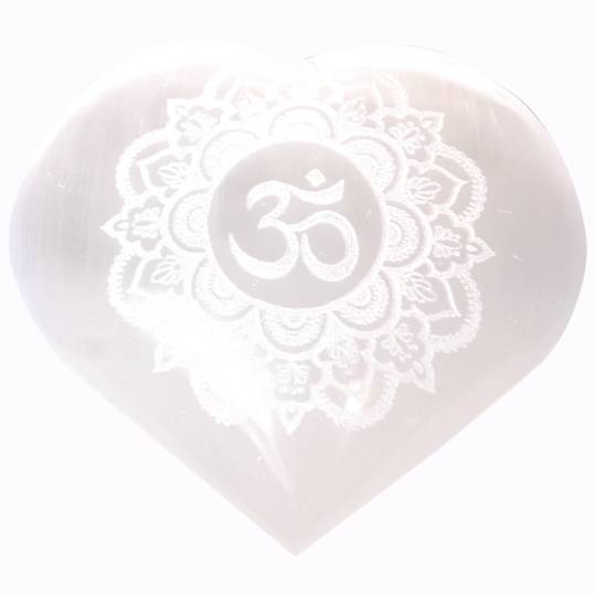 SELENITE HEART WITH OM LOTUS ENGRAVED